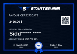 I got my payout usd 2,496 and whole process was super smooth. Rules r clear and easy to follow, no confusion while trading.

Support team deserves special mention they reply fast and are really helpful with any questions. Its great to see a platform that actually cares about traders.

Starter Prop Trader is a trustworthy platform that delivers exactly what they promise. Im very happy with my experience and would confidently recommend it to anyone serious about trading.