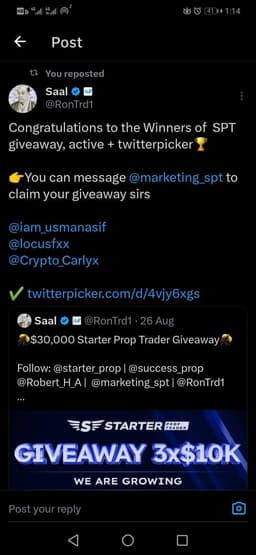 I have been in their discord community for a while now iam very pleased with their response and engagement. I recently won a giveaway account and so very excited to work with them. The mods are very helpful and responsive they have been guiding me all the way. I will definitely keep uploading and updating my journey with them and success on my account. Starter prop trader thank you so much. 